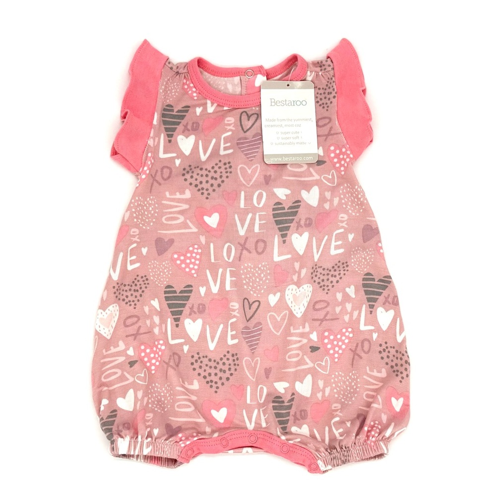 NWT Bestaroo Valentine’s Day Love Flutter Sleeve Bubble Romper In Pink 0-3M